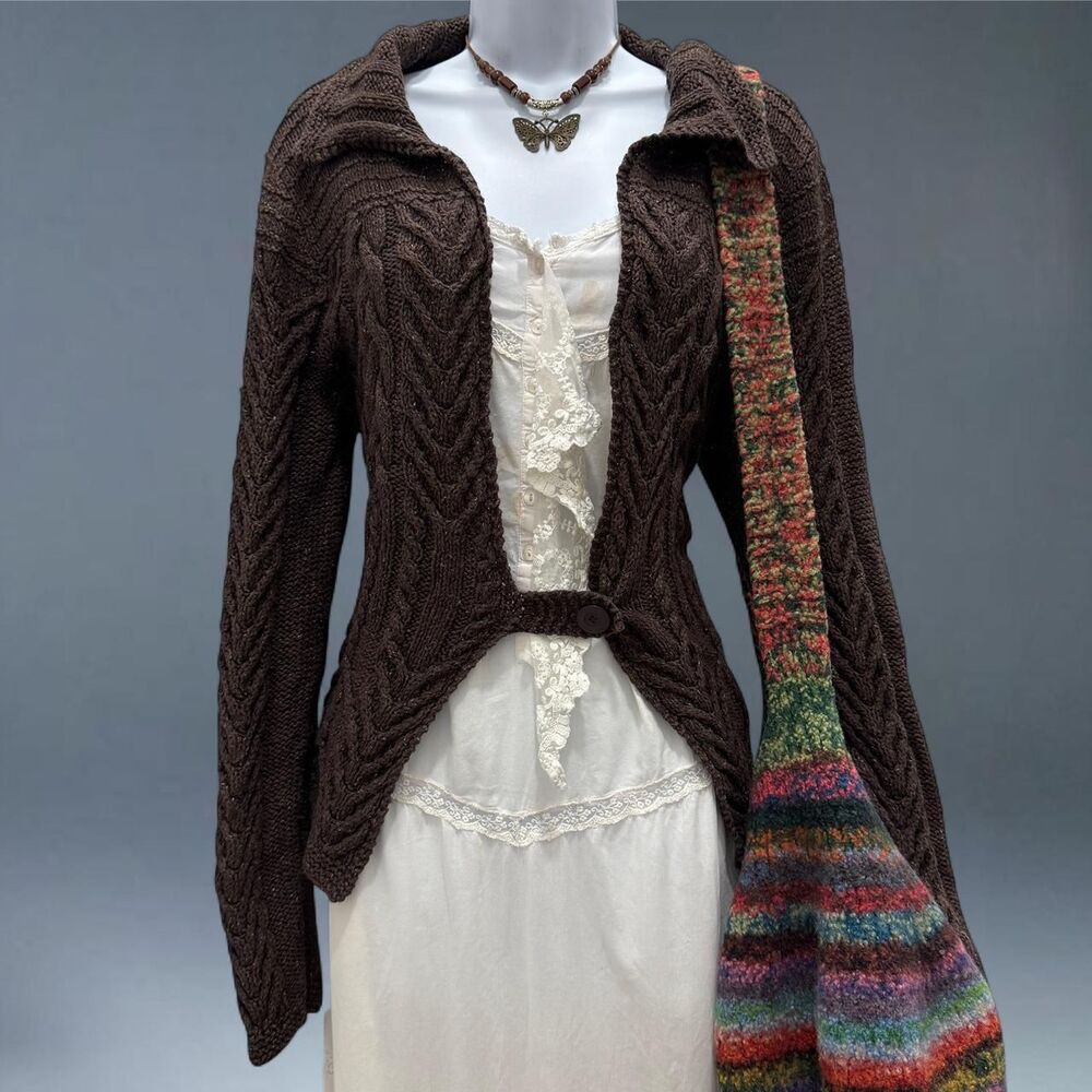 vintage y2k max studio brown cable knit cardigan silk wool blend